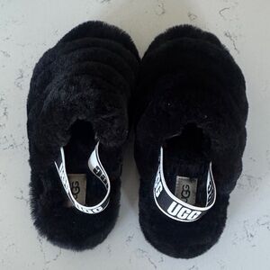UGG Kids Black Fuzzy Slippers